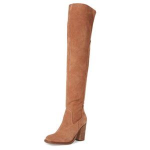 YDN Brown Round Closed Toe Wide Calf Stacked Side Zipper Over The Knee Boots